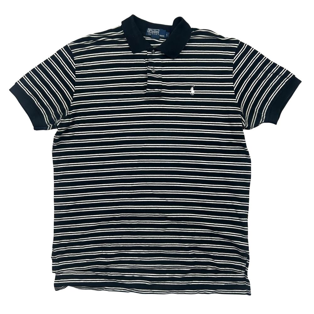 Polo Ralph Lauren Polo Shirt Mens L Black White Striped Pony 100% Cotton